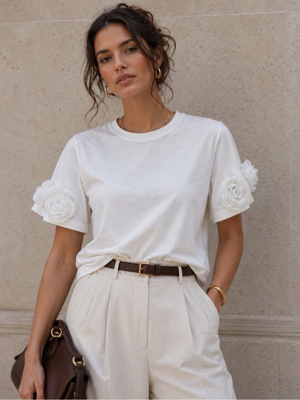 Zara White Tee with Floral Rosette Sleeves